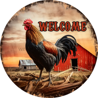 Welcome Rooster With Red Barn Sign Wreath Metal Sign 6
