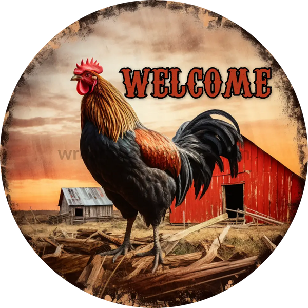 Welcome Rooster With Red Barn Sign Wreath Metal Sign 6