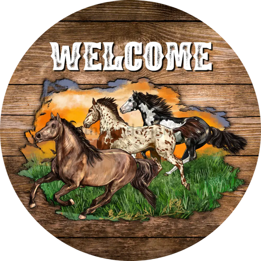 Welcome Running Horses- Metal Wreath Sign 8 Circle