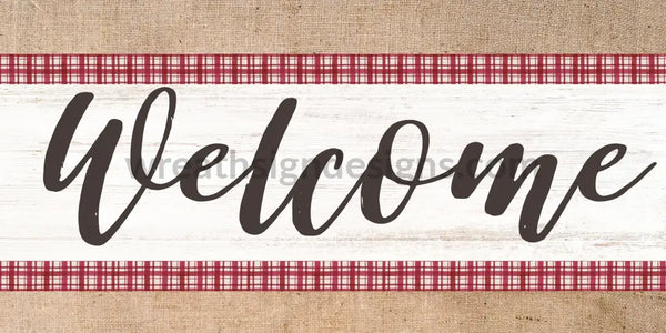 Welcome Rustic Burlap And Red Plaid Everyday Wreath Sign