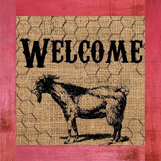 Welcome Rustic Goat With Redwood And Chicken Wire Metal Sign 8 Square