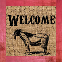 Welcome Rustic Goat With Redwood And Chicken Wire Metal Sign 8 Square