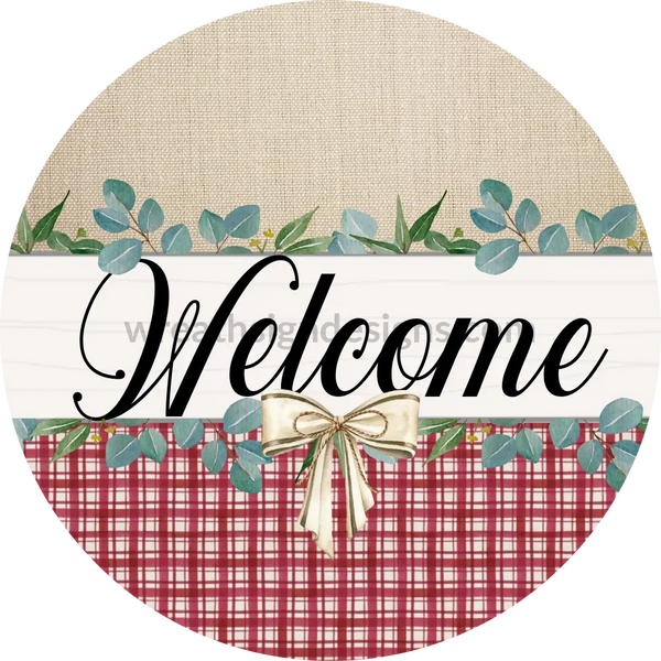 Welcome Rustic Red Plaid And Burlap Everyday Metal Wreath Sign 8