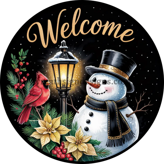 Welcome Snowman and Lantern Black and Gold - Metal Winter wreath Signs MS-1336 6’’