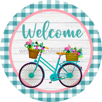 Welcome Spring Teal Bicycle Floral Metal Sign 8 Circle