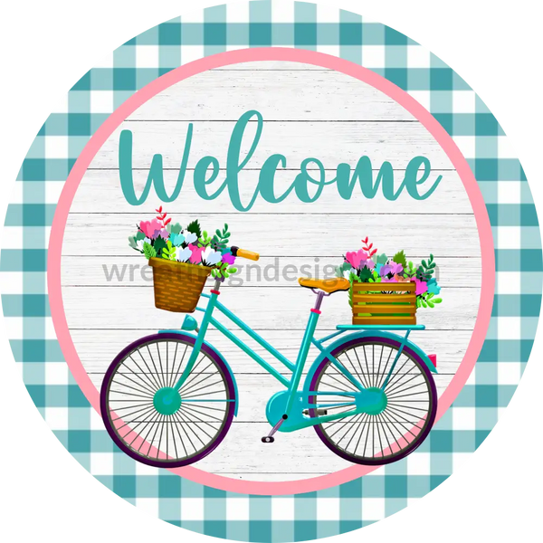 Welcome Spring Teal Bicycle Floral Metal Sign 8 Circle