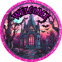 Welcome Stained Glass Haunted House Pink And Black- Halloween- Metal Sign 6 Circle