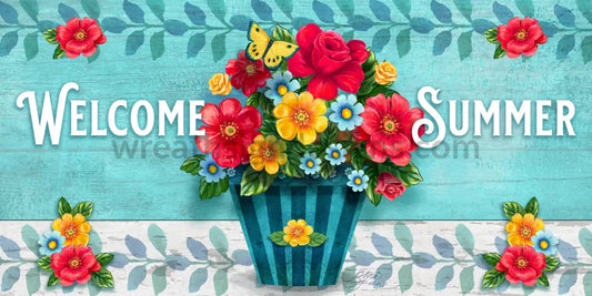 Welcome Summer Blue Floral Bucket 12X6 Metal Sign (Ginajamesstudios)