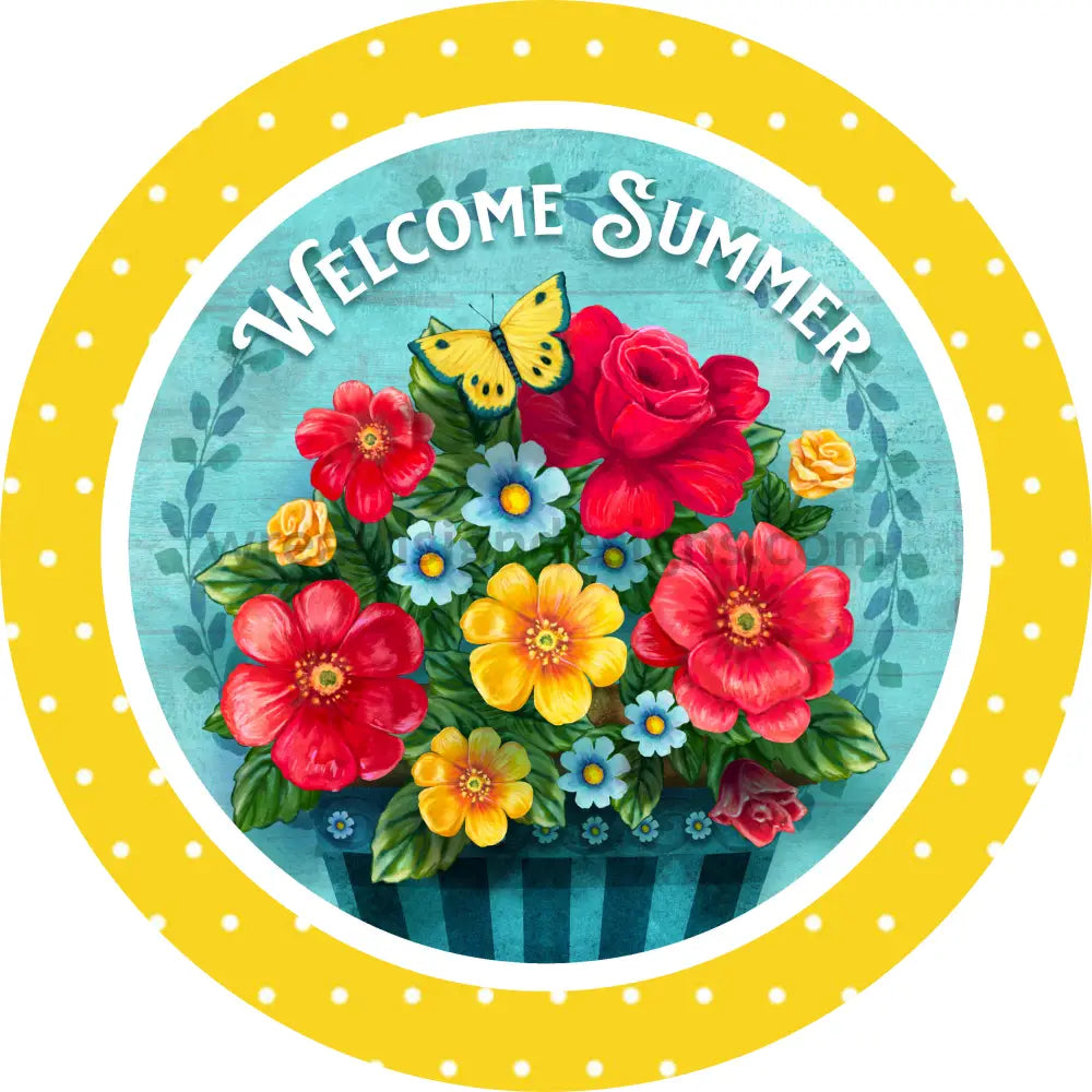 Welcome Summer Blue Floral Bucket On Yellow Polka Metal Sign (Ginajamesstudios) 8 Circle