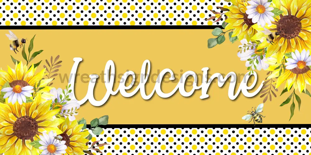 Welcome Sunflower & Daisies With Bumble Bees 12X6-Metal Sign