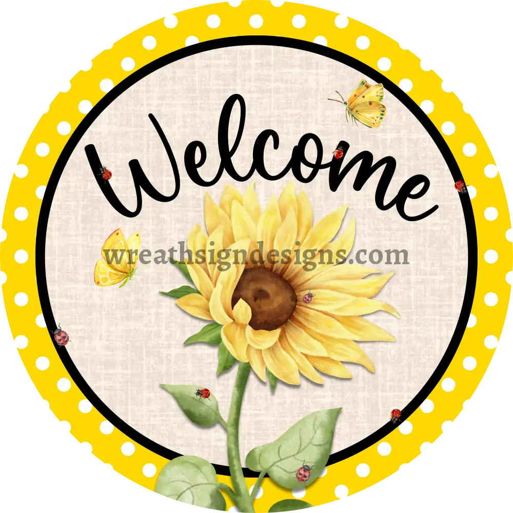 Welcome Sunflower Ladybugs And Butterflies Metal Wreath Sign