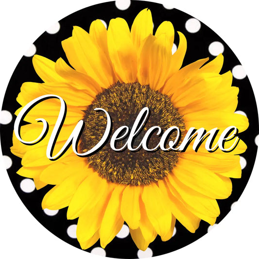 Welcome Sunflower On Black And White Dot-Metal Sign 8 Circle