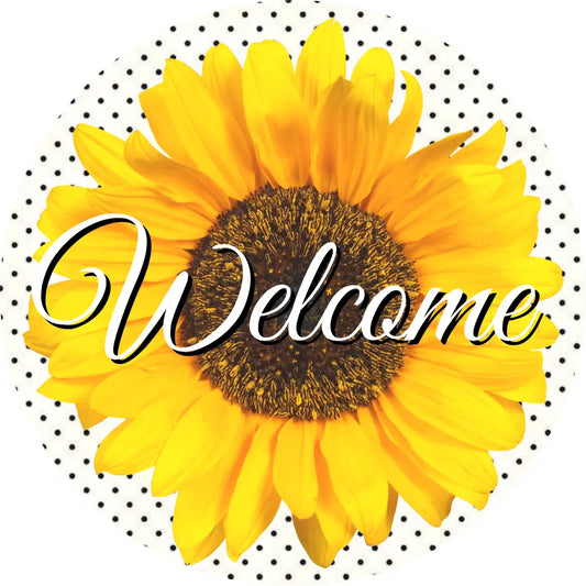 Welcome Sunflower On White Swiss Dot-Metal Sign 8 Circle