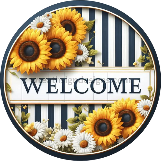 Welcome Sunflowers And Daisies Round Metal Wreath Sign 6’