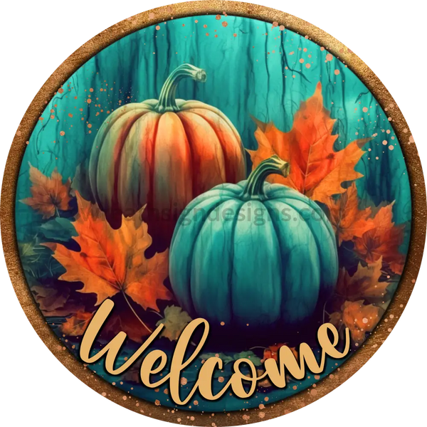 Welcome Teal And Blue Pumpkins Wreath Sign 6