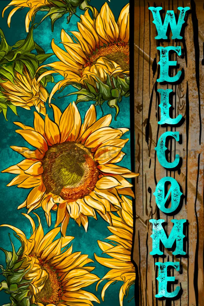 Welcome Teal & Sunflowers 8X12 Metal Sign