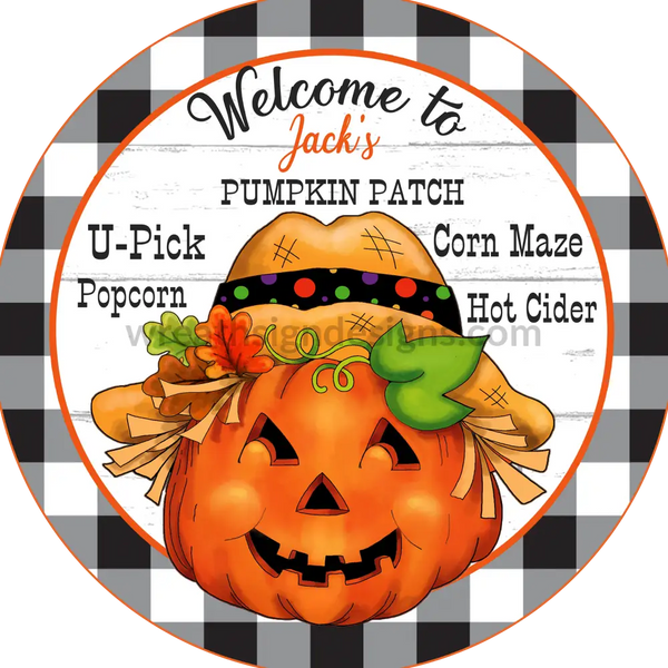 Welcome To Jacks Pumpkin Patch Black Buffalo Plaid Round Metal Wreath Sign 6