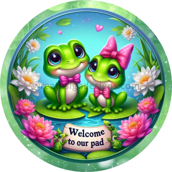 Welcome To Our Pad Frog Couple -Frog Metal Wreath Sign 6