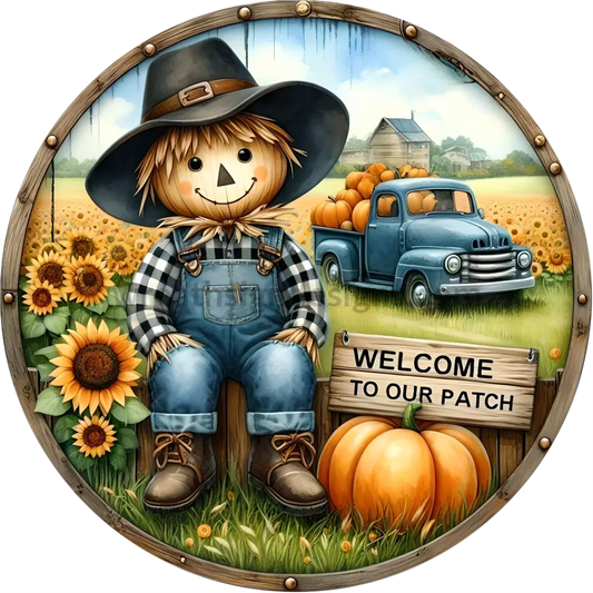 Welcome To Our Patch Pumpkin Scarecrow Metal Wreath Sign 6’