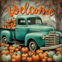 Welcome Vintage Truck And Pumpkins Square Metal Wreath Sign 8