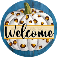 Welcome White Leopard Pumpkin On Blue-Metal Sign 6