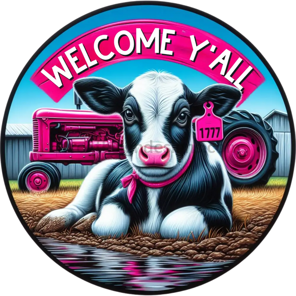 Welcome Y’all Pink Tractor Cow Metal Wreath Sign 6’