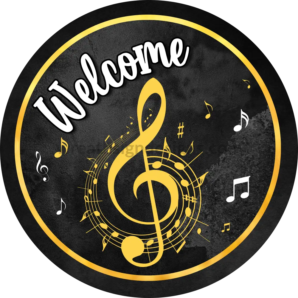Welcome Yellow and Black Music Notes- Metal Sign – Wreath Sign Designs