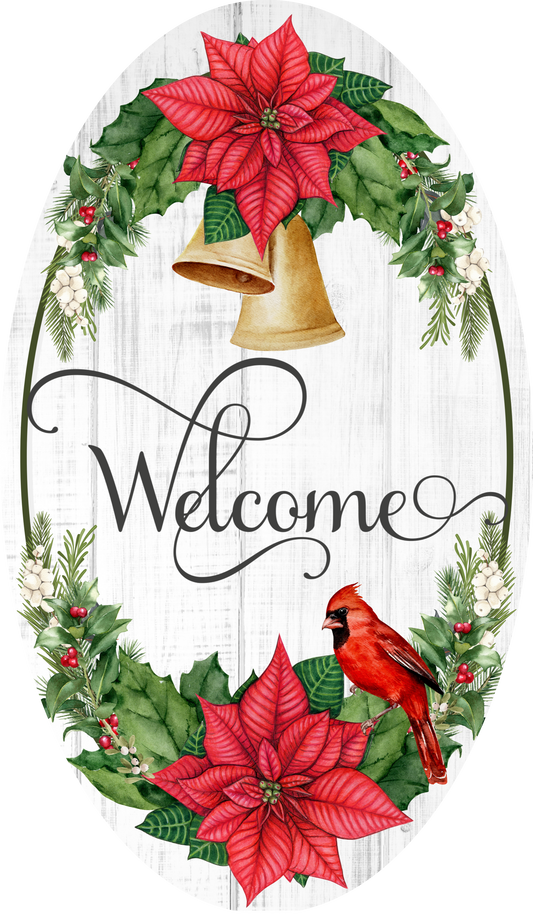 Welcome Winter Poinsettia Oval wreath Metal Sign wreath Metal Sign