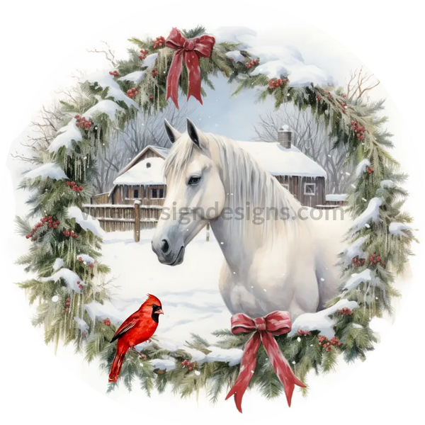 White Winter Horse And Cardinal -Round Metal Signs 8