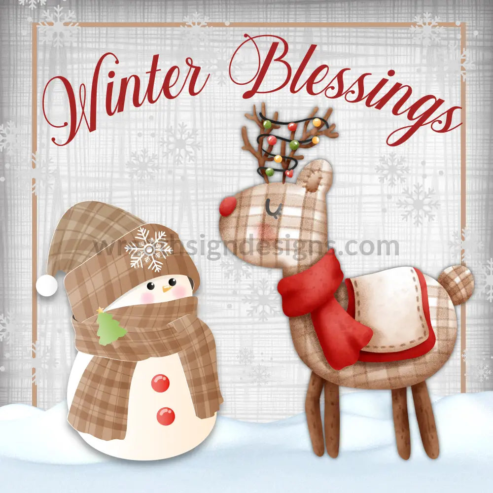 Winter Blessing Snowman And Reindeer Brown Plaid- Metal Wreath Signs 8
