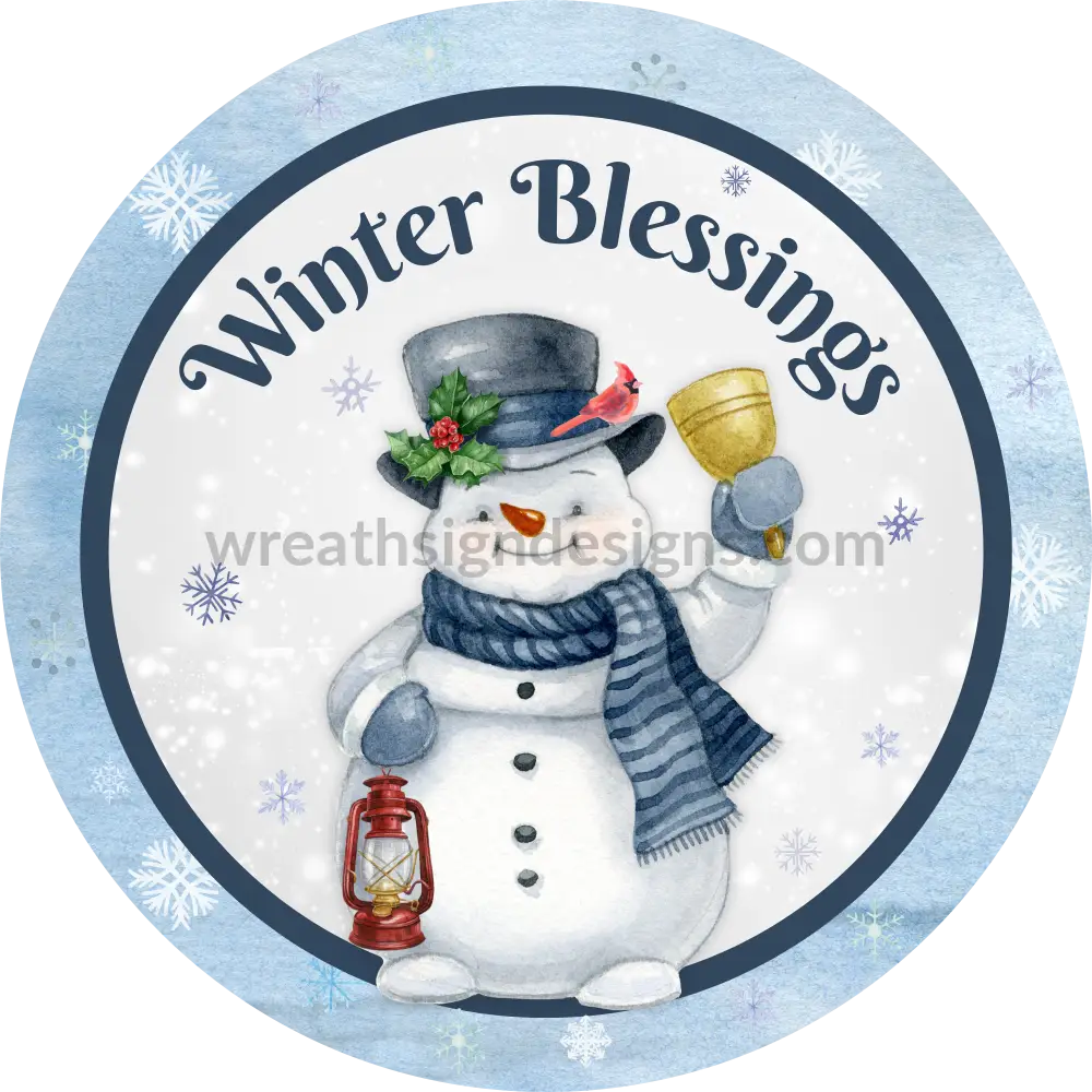 Winter Blessings Blue Snowman With Winter Lantern And Cardinal - Metal Signs 6