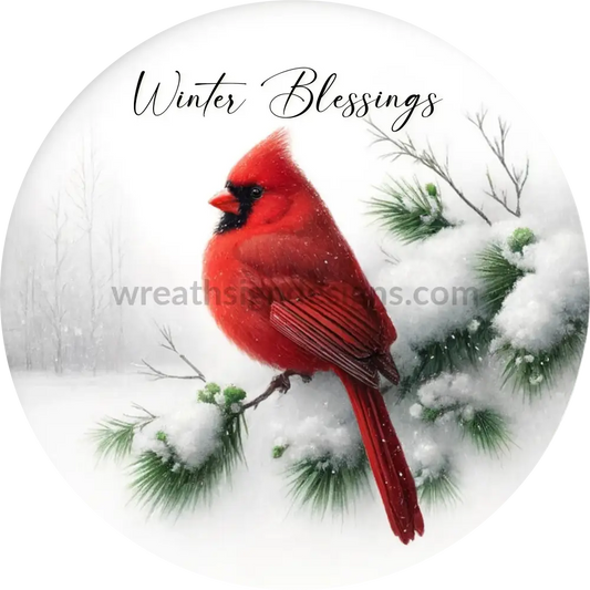 Winter Blessings- Cardinal-Round Metal Wreath Signs