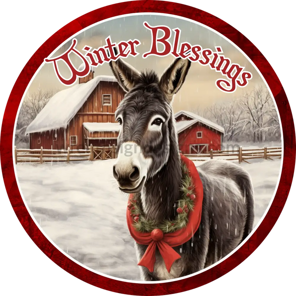 Winter Blessings Donkey And Red Barn Round Christmas Metal Sign 8 Circle