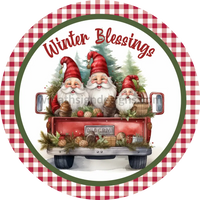 Winter Blessings Gnome Pickup Truck- Metal Wreath Sign 8
