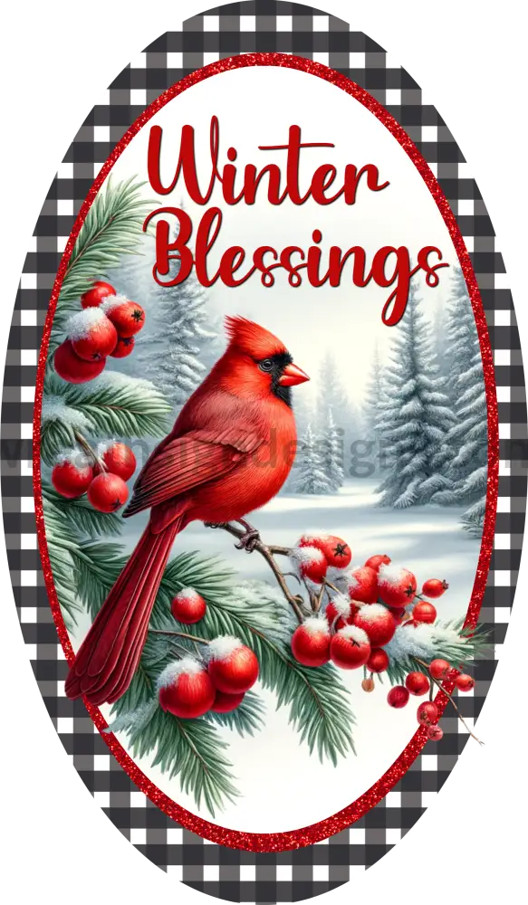 Winter Blessings Red Cardinal Oval Wreath Metal Sign