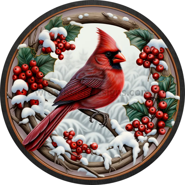 Winter Cardinal -Round Metal Signs 8 Circle
