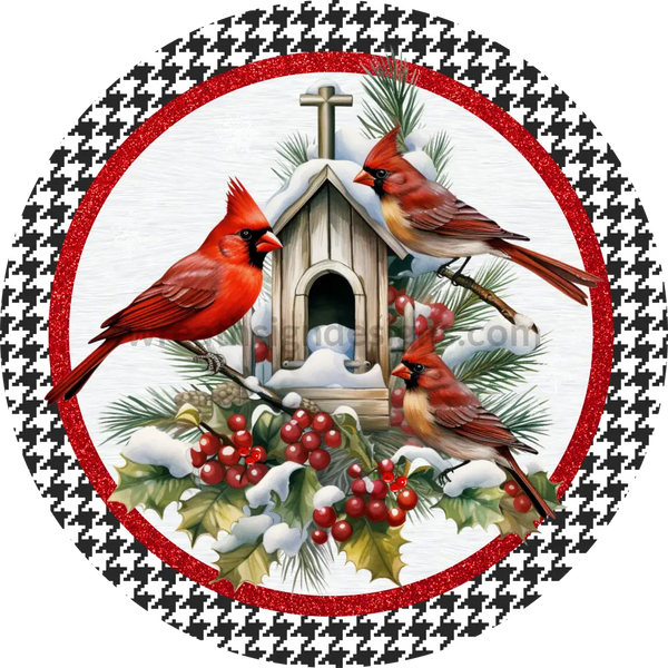 Winter Cardinals On Houndstooth-Round Metal Signs 8 Circle