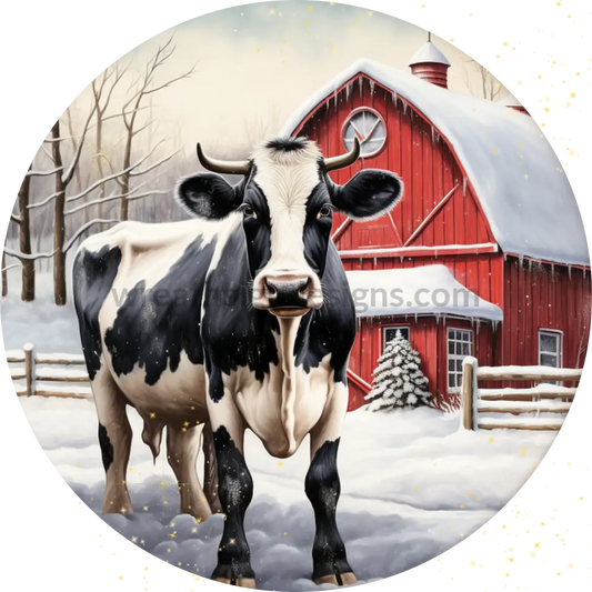 Winter Cow Red Barn Round Christmas Metal Sign 8 Circle