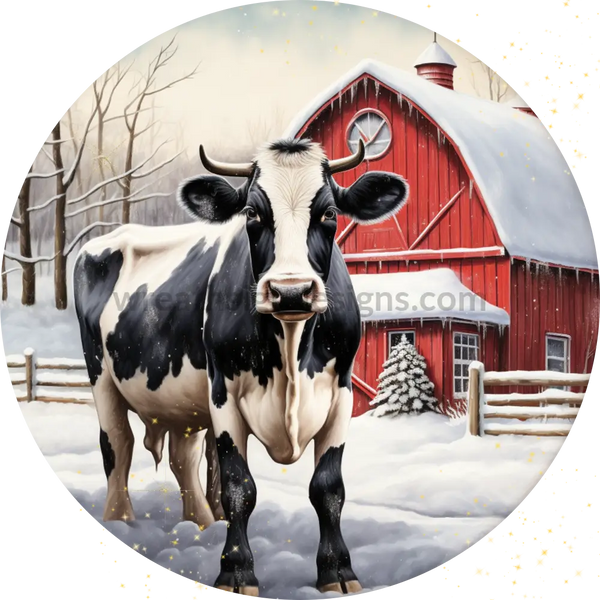 Winter Cow Red Barn Round Christmas Metal Sign 8 Circle