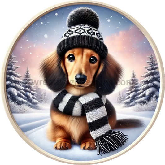 Winter Dachshund Black White - Metal Wreath Sign