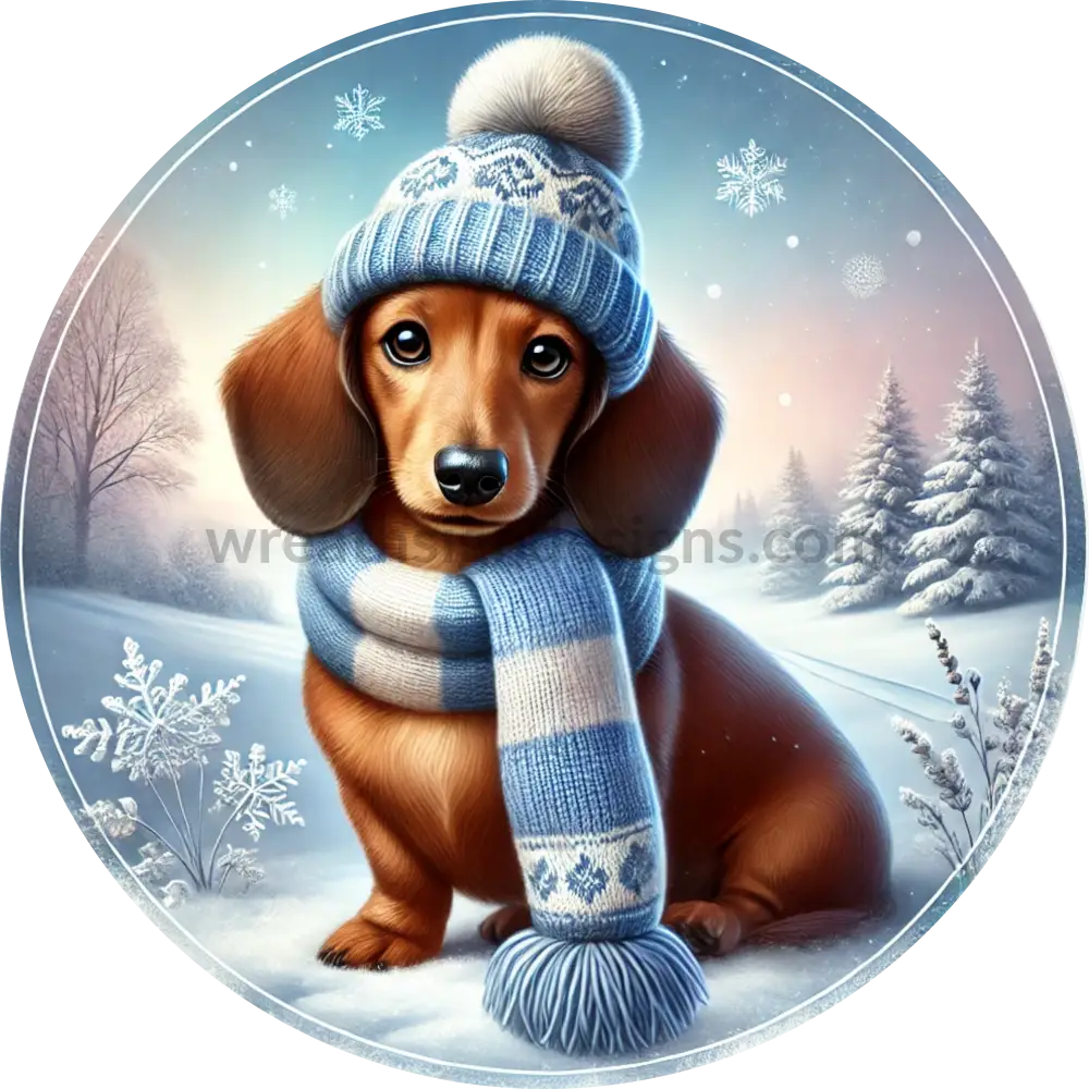 Winter Dachshund Blue And White - Metal Wreath Sign 10’’