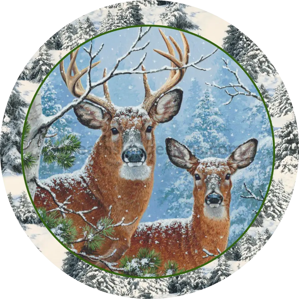 Winter Deer And Snow Camo Round Metal Wreath Sign 6