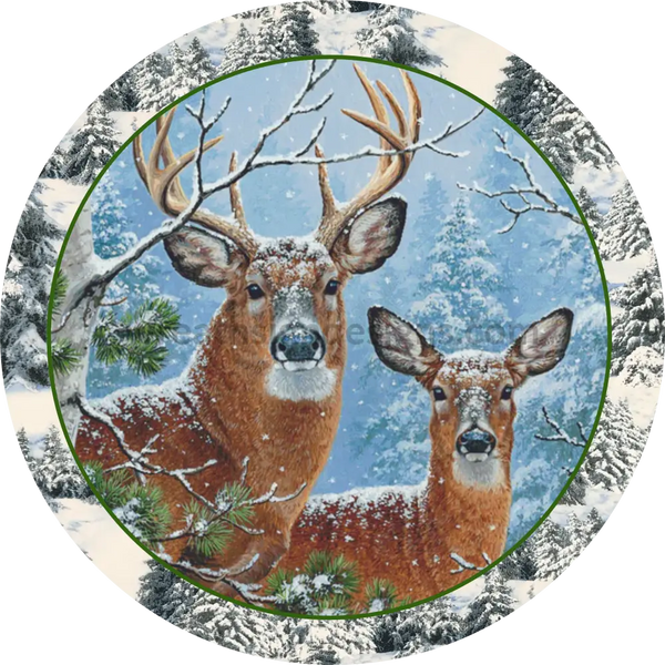 Winter Deer And Snow Camo Round Metal Wreath Sign 8
