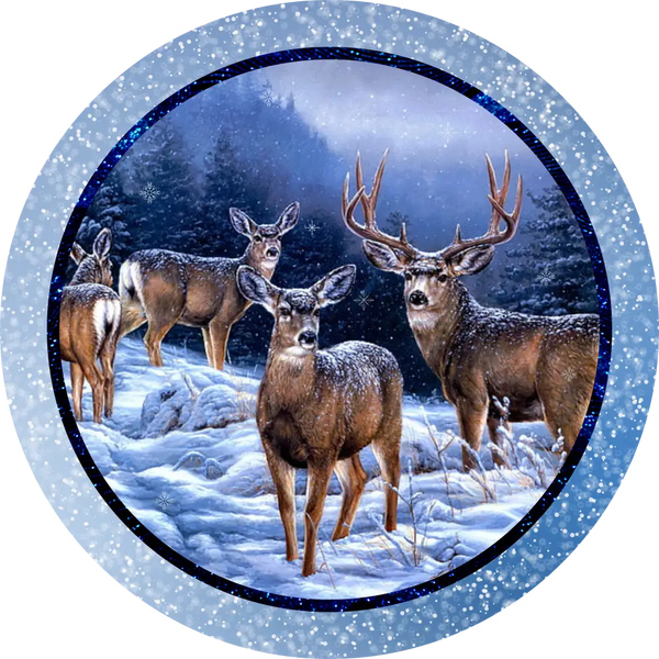 Winter Deer Blue Sky Round Metal Wreath Sign 8