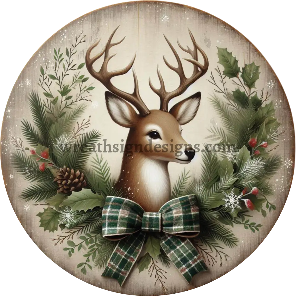 Winter Deer Green And Cream Metal Wreath Sign MS-1451 8’’