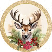 Winter Deer With Gold Border And Poinsetttias Round Metal Wreath Sign 8