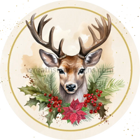 Winter Deer With Gold Ring And Poinsetttias Round Metal Wreath Sign 8