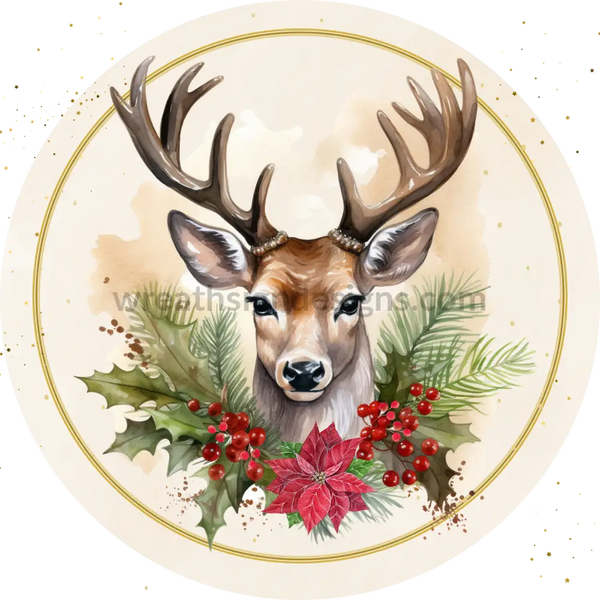 Winter Deer With Gold Ring And Poinsetttias Round Metal Wreath Sign 8