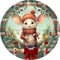 Winter Mouse Green Plaid -Round Christmas Metal Signs 8 Circle