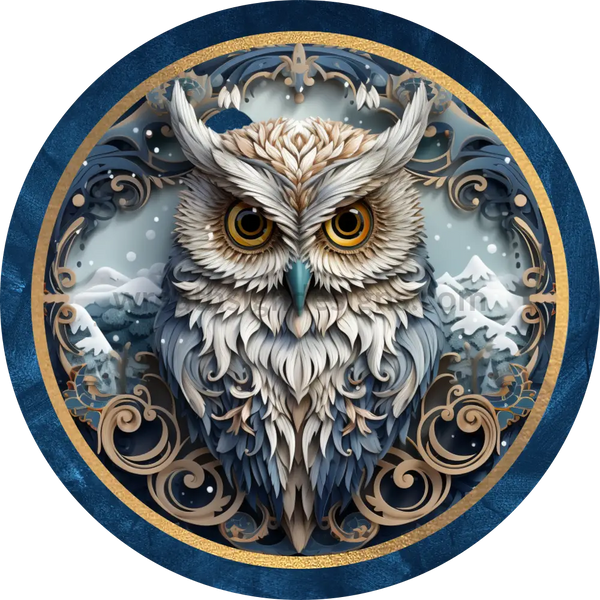 Winter Owl Gold And Blue- Round Metal Sign 6 Circle